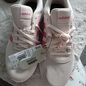 adidas Women's Pale Pink Athletic Sneakers with Hot Pink Stripes